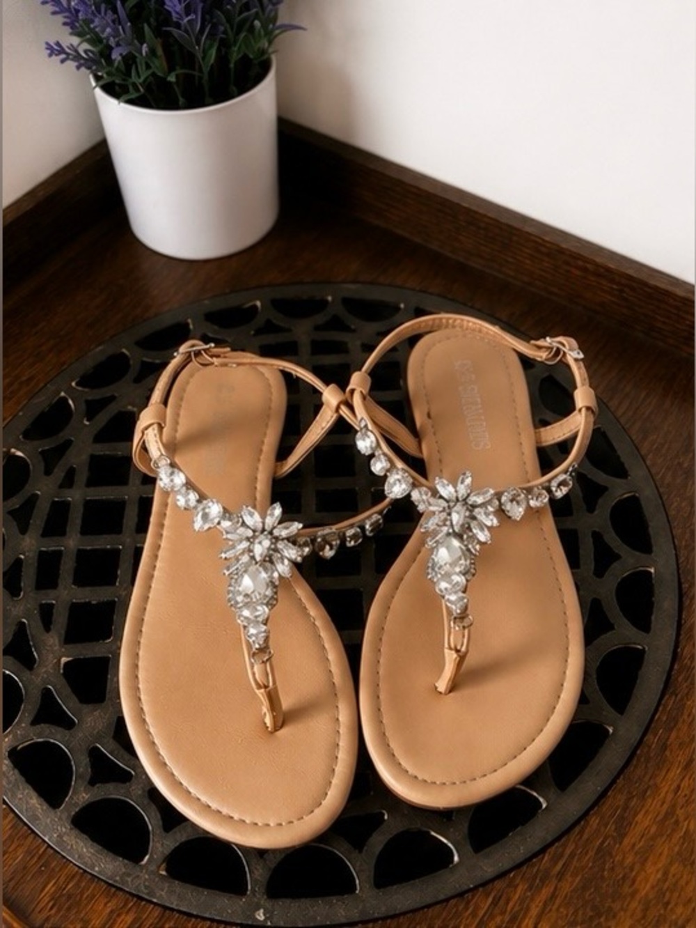 Dream Pairs Tan Jeweled T-Strap Sandals